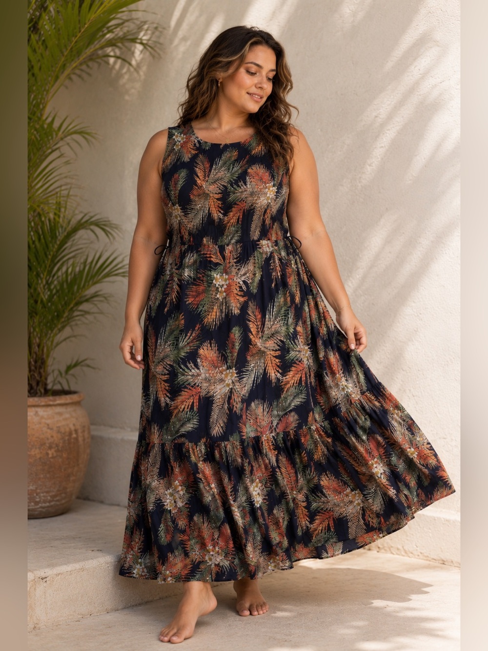 Terra & Sky Navy Blue vacation Tropical Beach Maxi Dress Smocked Tiered Plus 4X